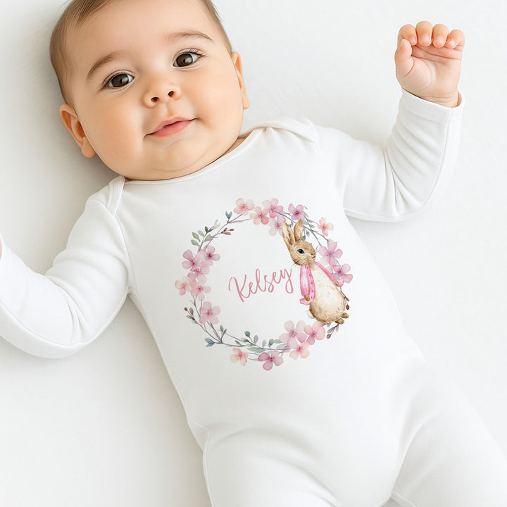 Personalised Girls Pink Bunny Wreath Babygrow & Bunny Set