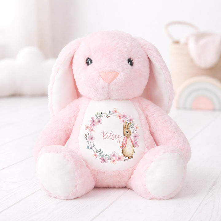 Personalised Girls Pink Bunny Wreath Babygrow &amp; Rabbit Set