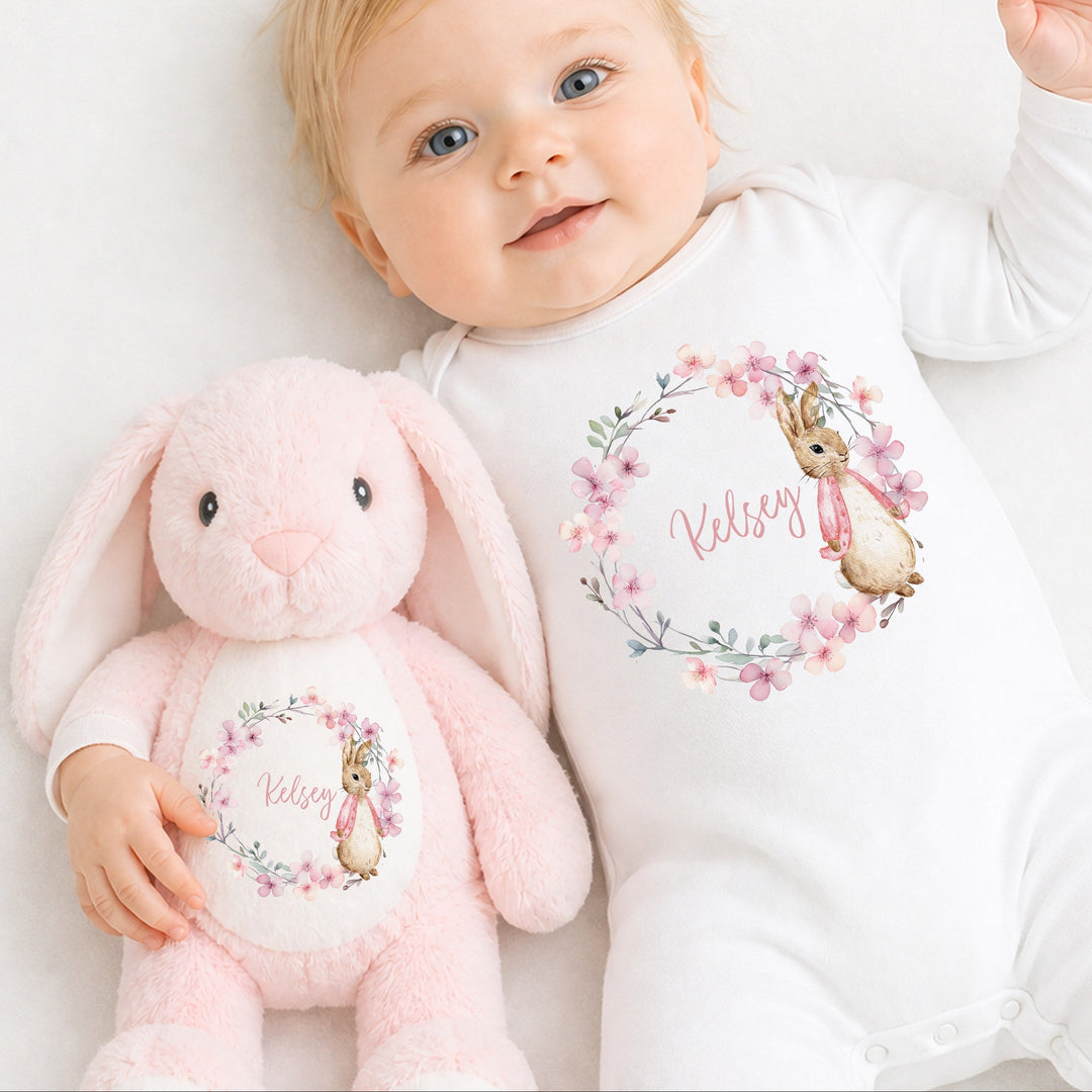 Personalised Girls Pink Bunny Wreath Babygrow &amp; Rabbit Set