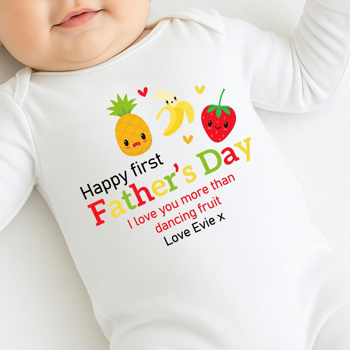 Personalised Dancing Fruit Happy First Father's Day Baby Grow or Vest