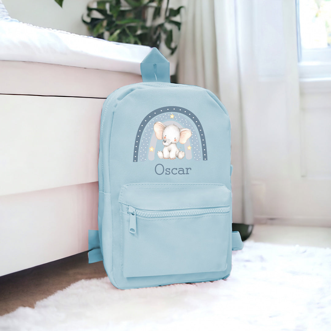 Personalised Blue Elephant Rainbow Backpack