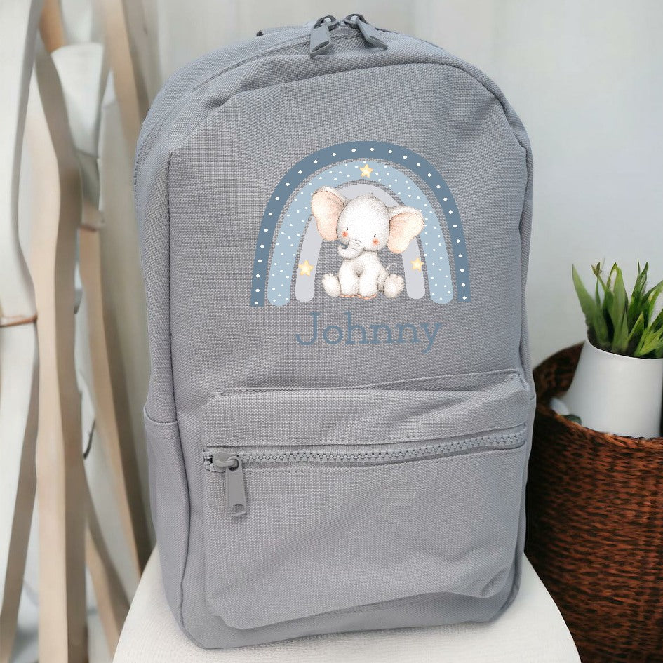 Personalised Blue Elephant Rainbow Backpack