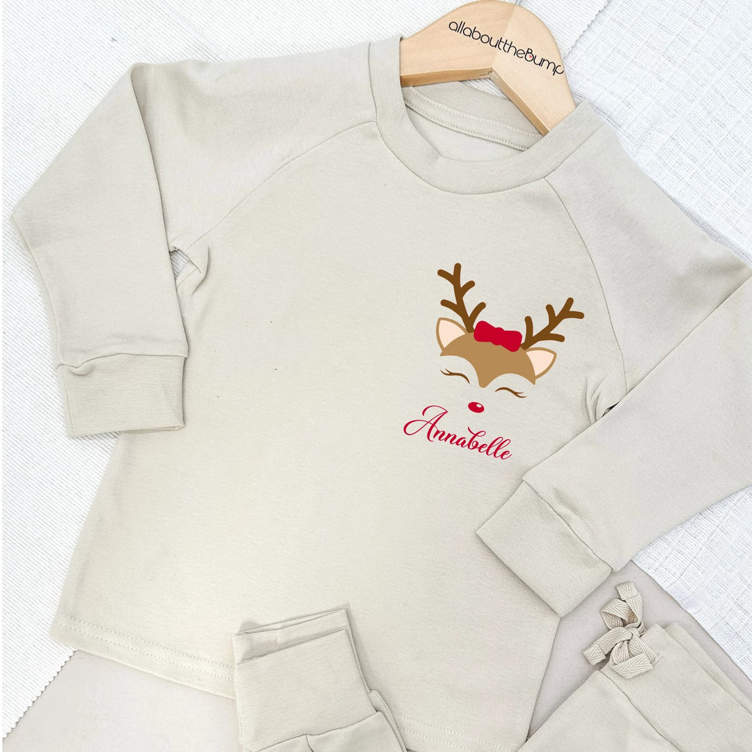 Personalised Reindeer Lightweight Cotton Tracksuit | Peach Blue Brown Sand