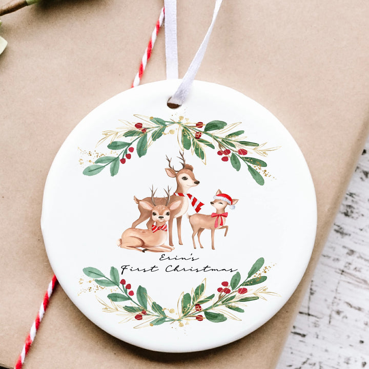 Personalised Deer Wreath Baby's First Christmas Ceramic Ornament