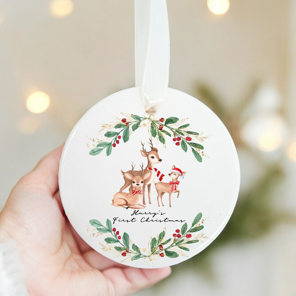 Personalised Deer Wreath Baby's First Christmas Ceramic Ornament