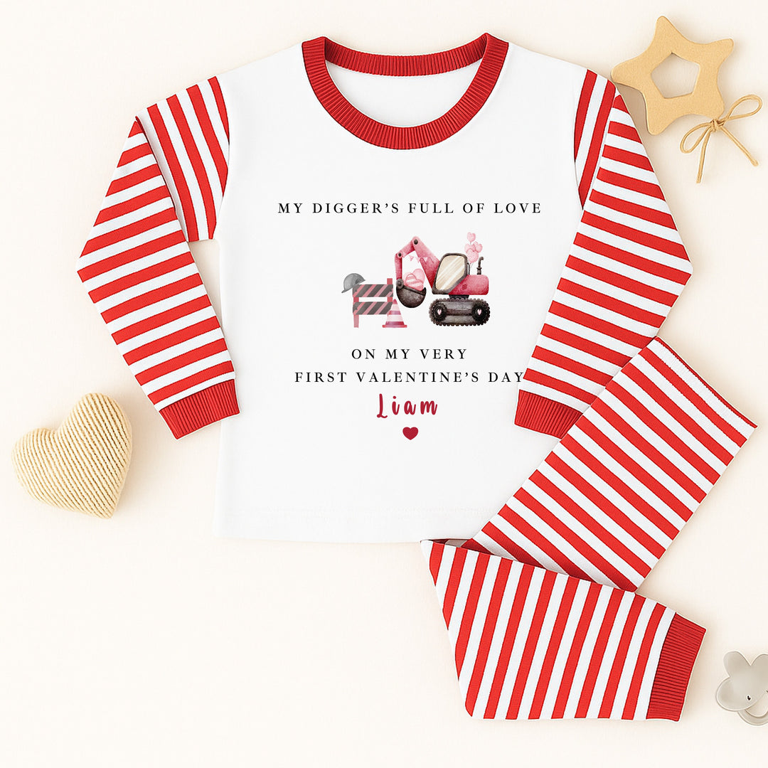 Personalised Digger First Valentine's Day Red Stripe Pyjamas