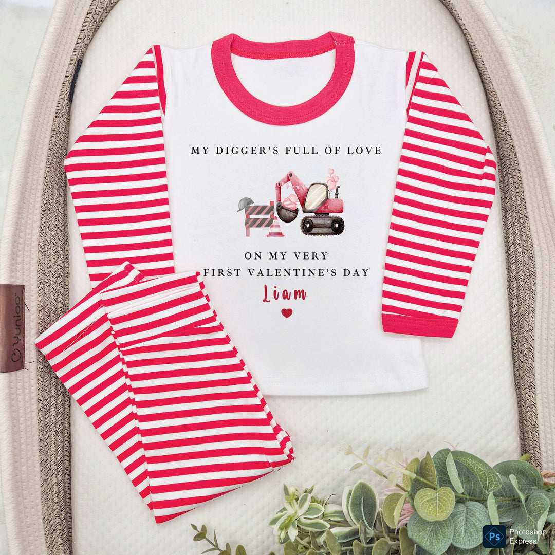 Personalised Digger First Valentine's Day Red Stripe Pyjamas