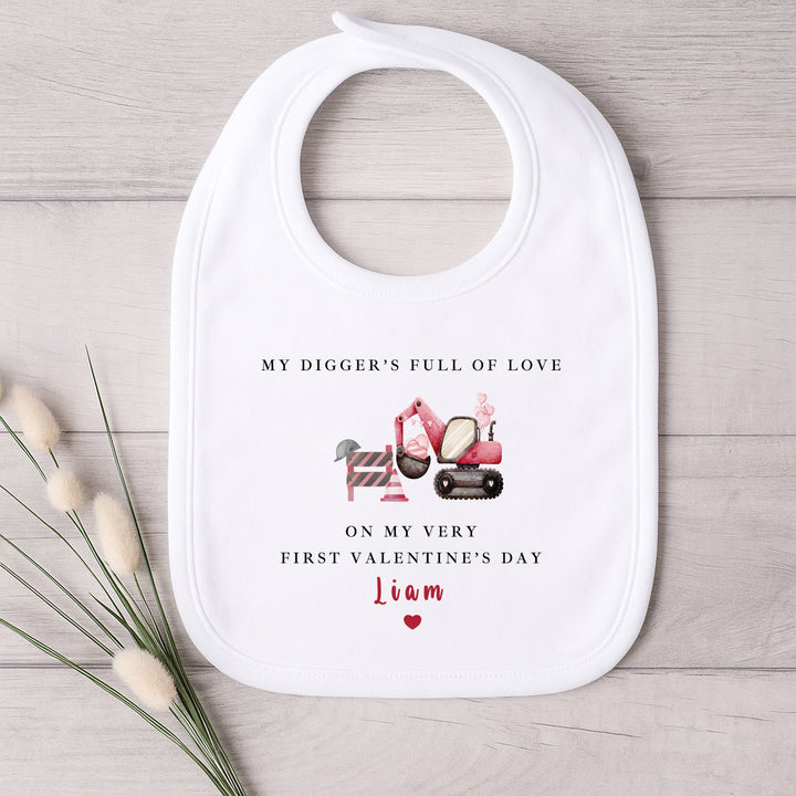 Personalised Digger My First Valentines Day Baby Grow, Vest or Bib