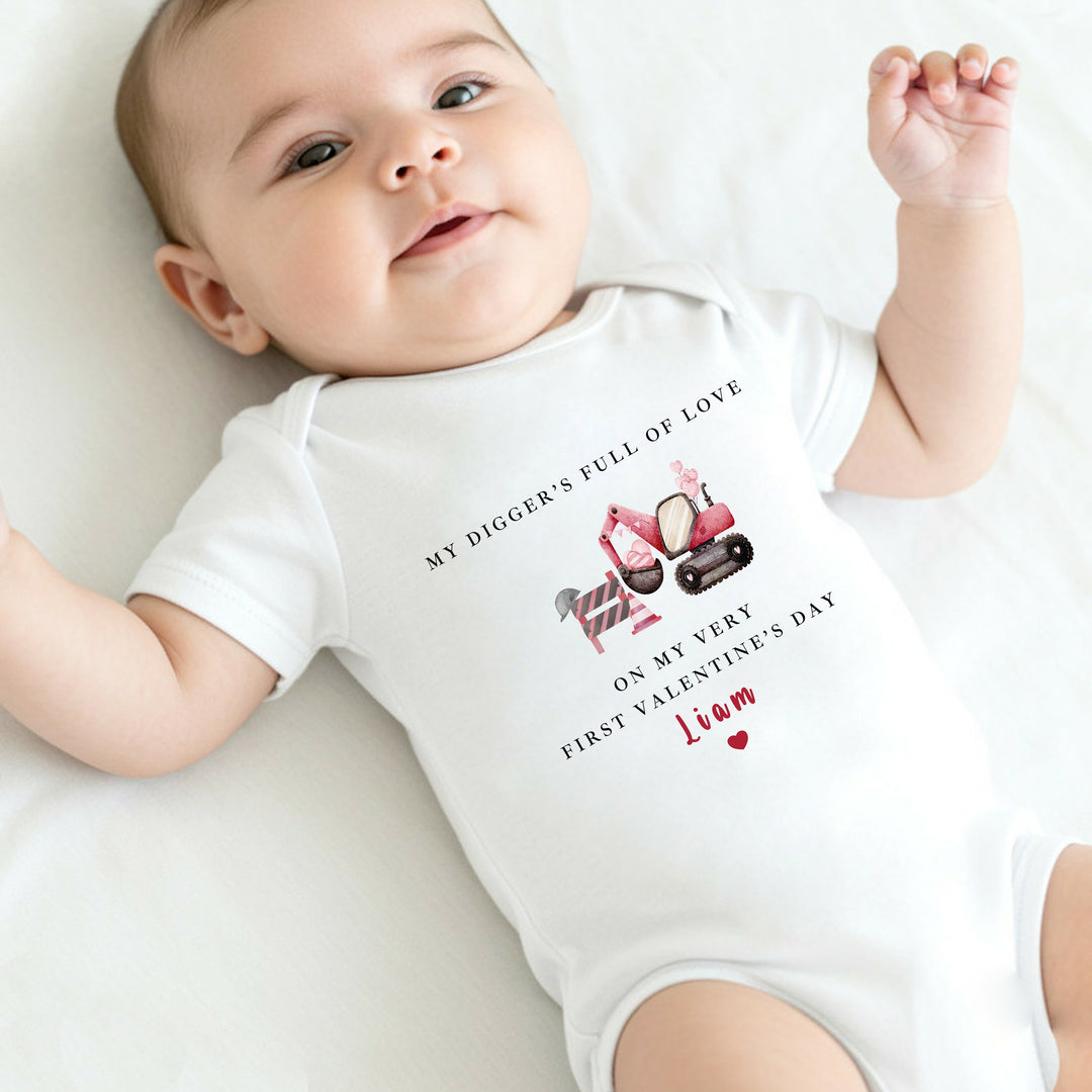 Personalised Digger My First Valentines Day Baby Grow, Vest or Bib