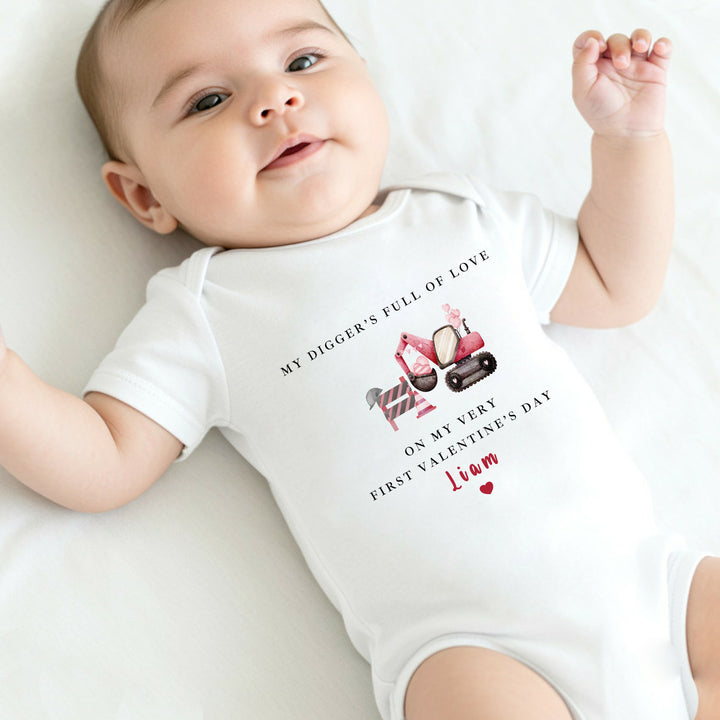 Personalised Digger My First Valentines Day Baby Grow, Vest or Bib