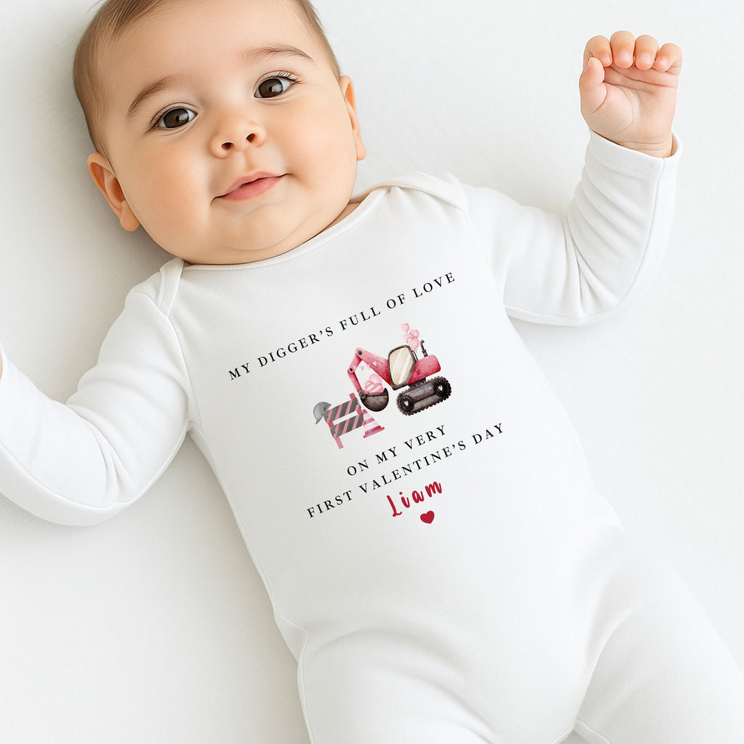 Personalised Digger My First Valentines Day Baby Grow, Vest or Bib