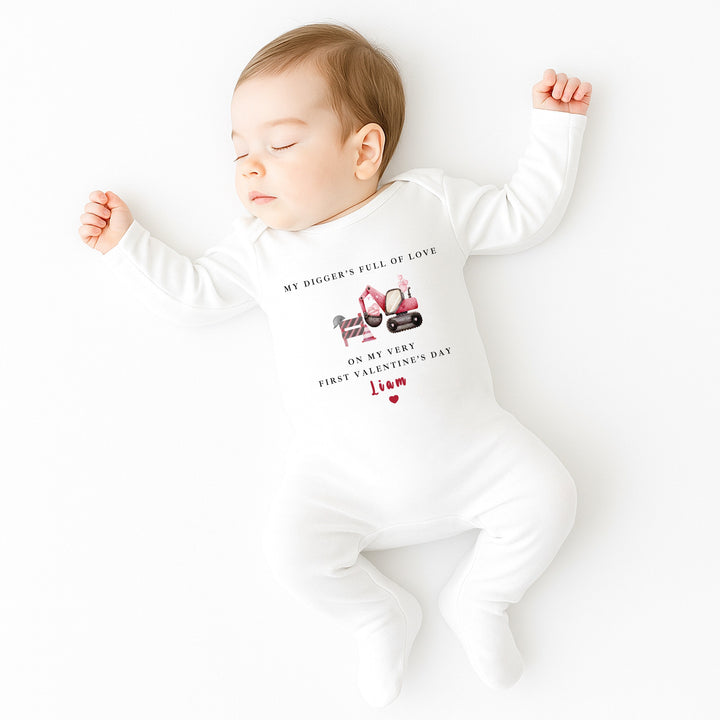Personalised Digger My First Valentines Day Baby Grow, Vest or Bib