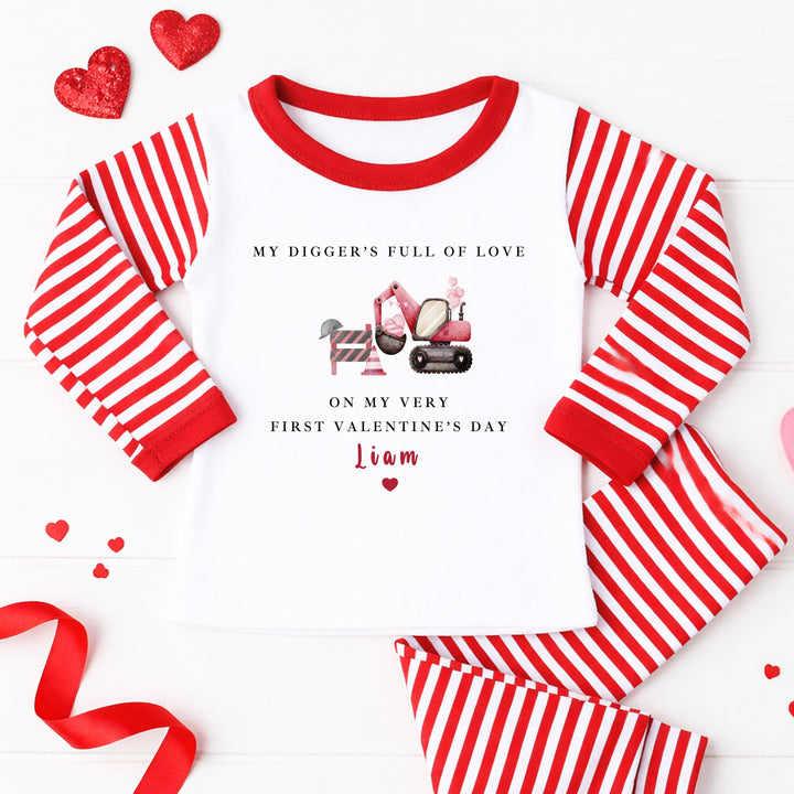 Personalised Digger First Valentine's Day Red Stripe Pyjamas