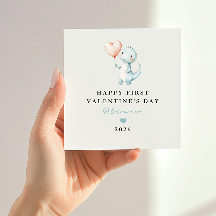Personalised Blue Dinosaur Happy First Valentine's Day Card