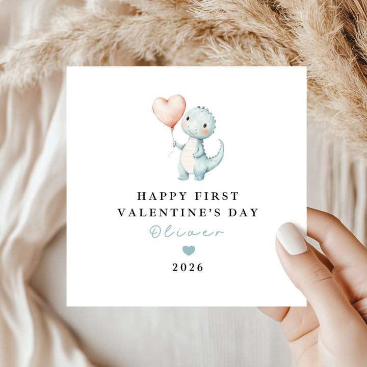 Personalised Blue Dinosaur Happy First Valentine's Day Card