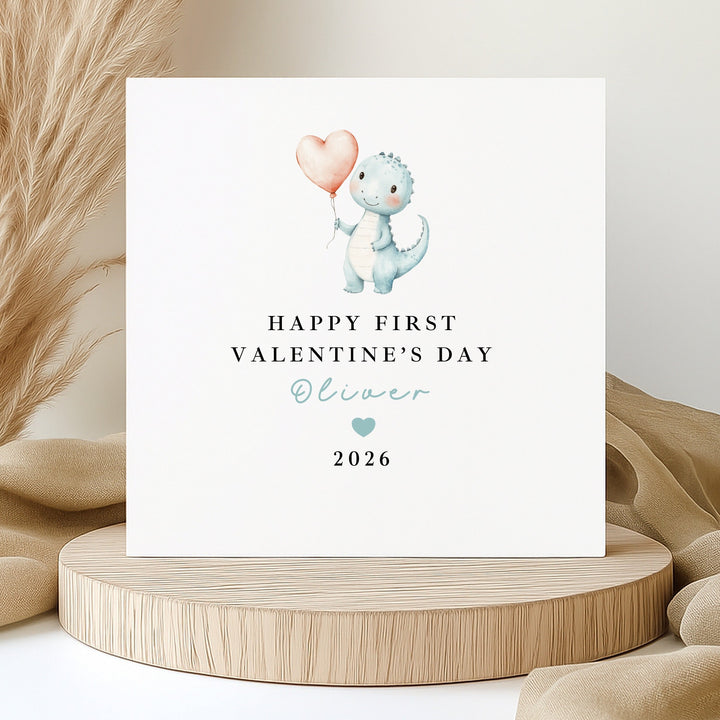 Personalised Blue Dinosaur Happy First Valentine's Day Card