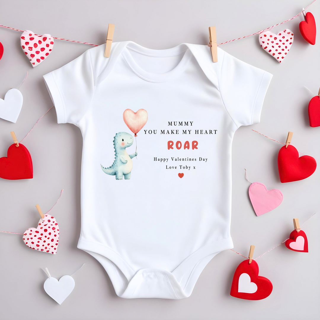Personalised You Make My Heart Roar Valentines Day Baby Grow, Vest or Bib