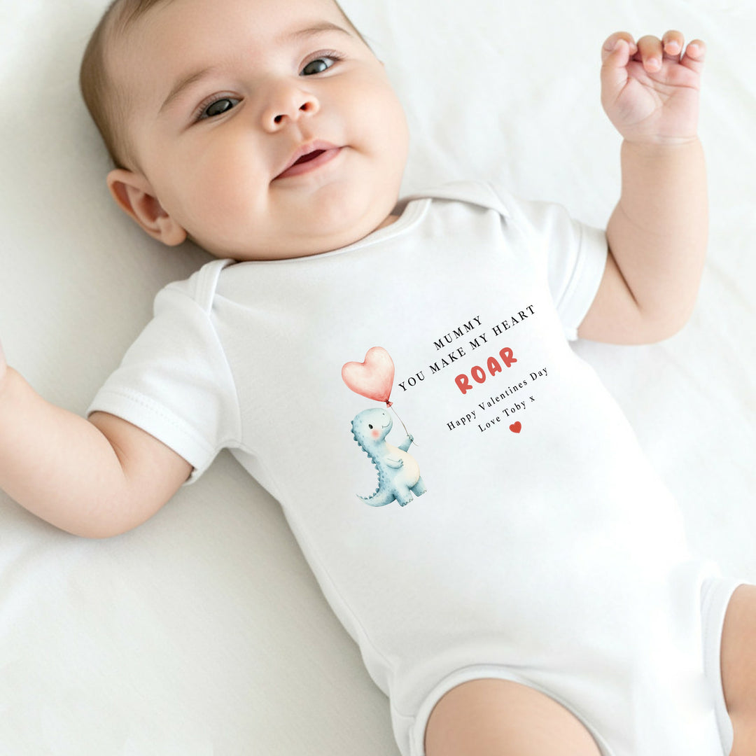 Personalised You Make My Heart Roar Valentines Day Baby Grow, Vest or Bib