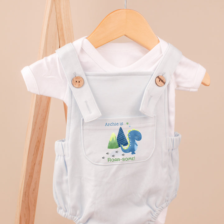 Personalised Dinosaur Blue Dungarees