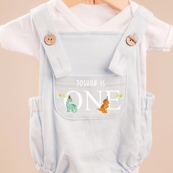 Personalised First Birthday Dinosaur Blue Dungarees