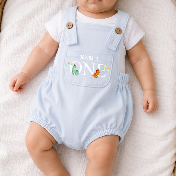 Personalised Blue Dinosaur Party First Birthday Dungarees