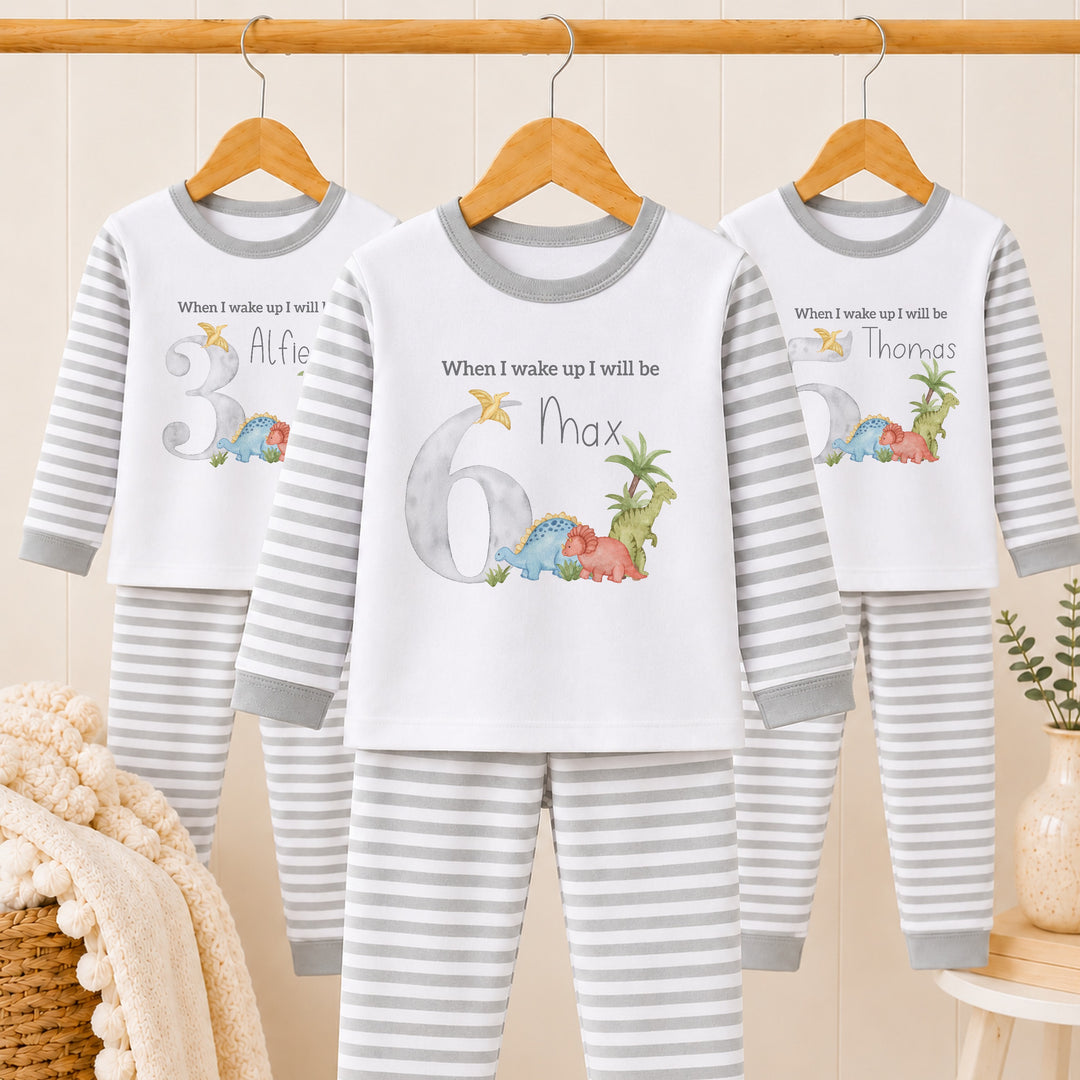 Personalised Grey Dinosaur Any Age Birthday Pyjamas