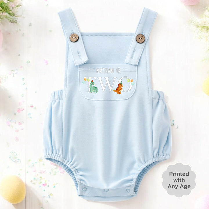 Personalised Blue Dinosaur Party Any Age Birthday Dungarees