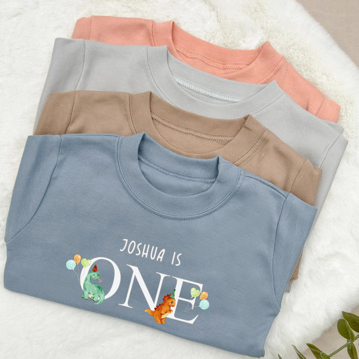 Personalised Dinosaur Party T-shirt | Peach Blue Brown Grey