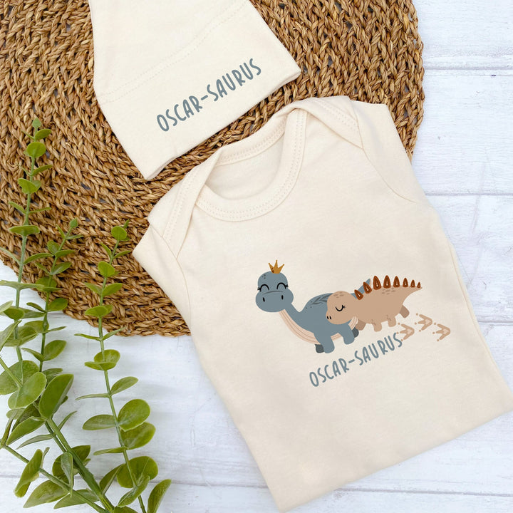 Personalised Little Dinosaurs Beige Babygrow Optional Hat