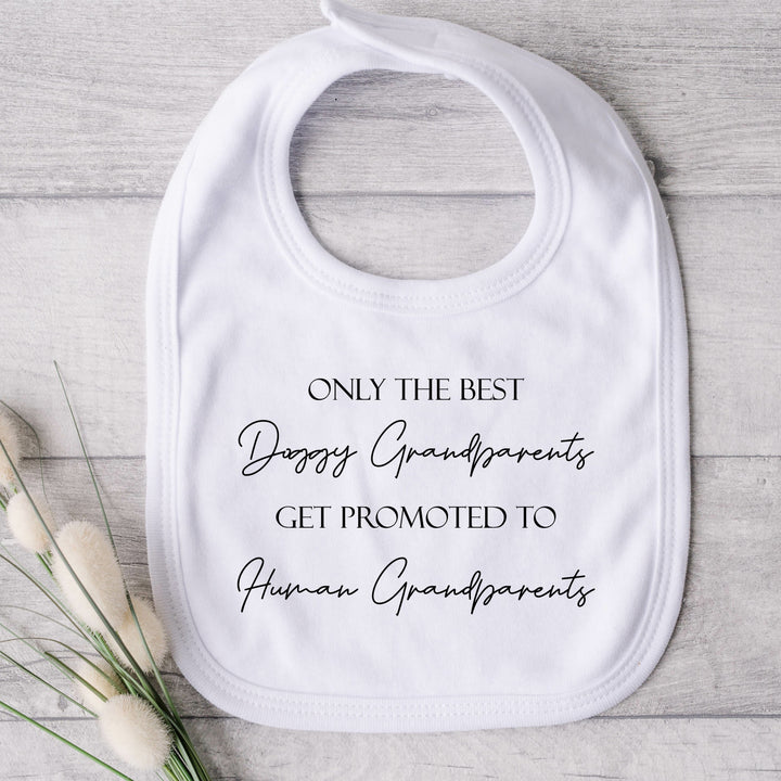 Baby bib that says: 
Only the best doggy grandparents get promoted to human grandparents