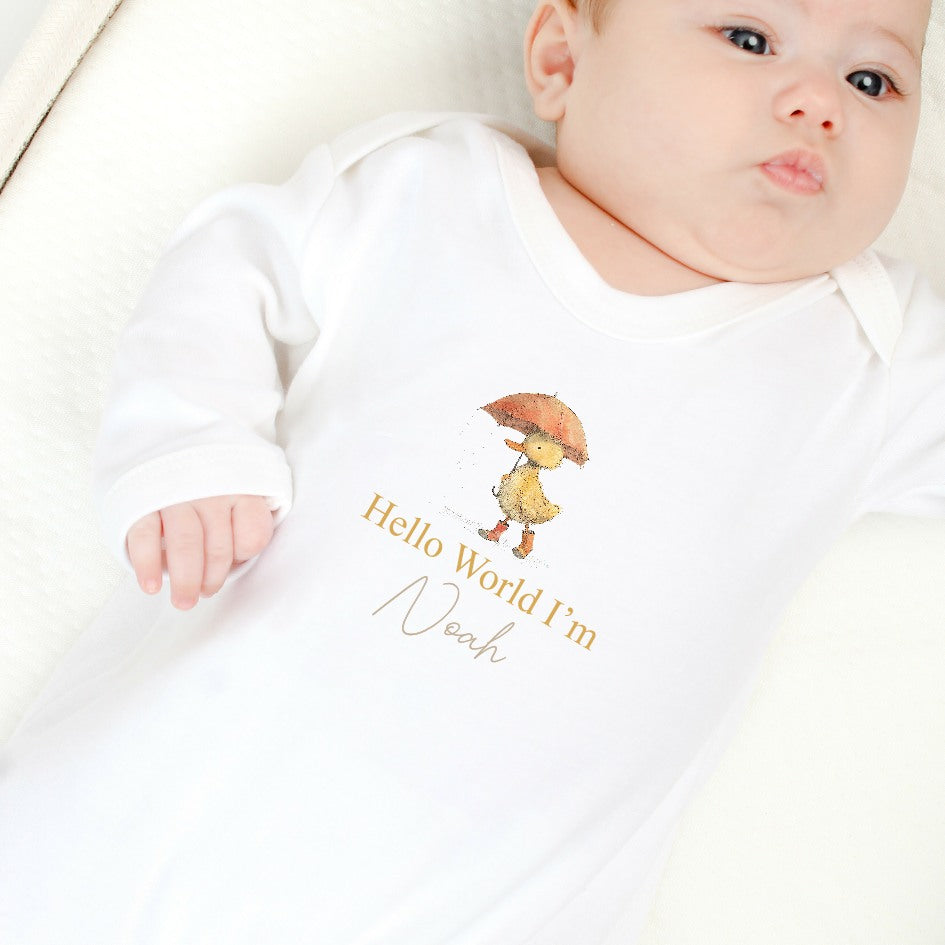 Personalised Hello World Baby Duck Babygrow/Vest