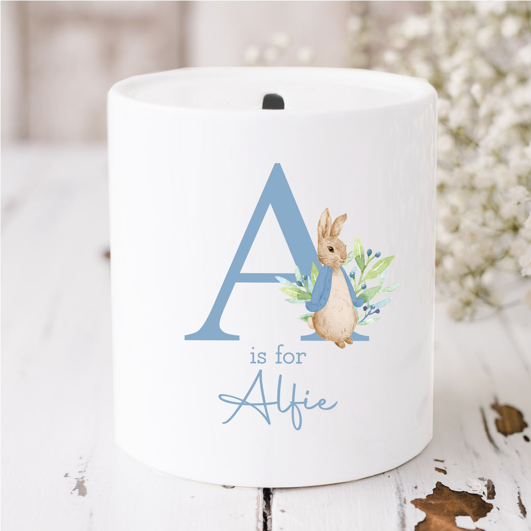 Personalised Blue Rabbit Ceramic Money Box