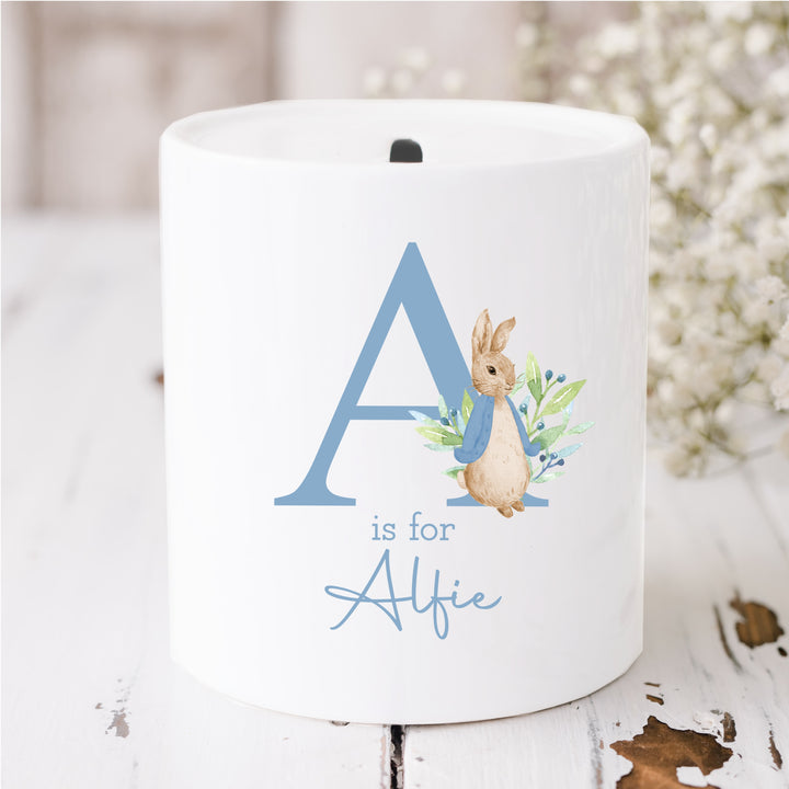 Personalised Blue Rabbit Ceramic Money Box