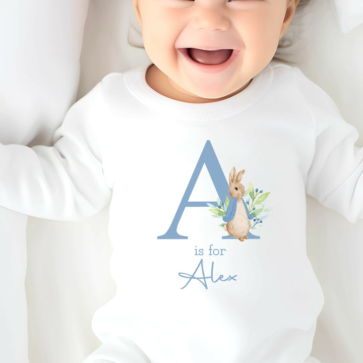 Personalised Dusky Blue Rabbit Initial Babygrow/Vest