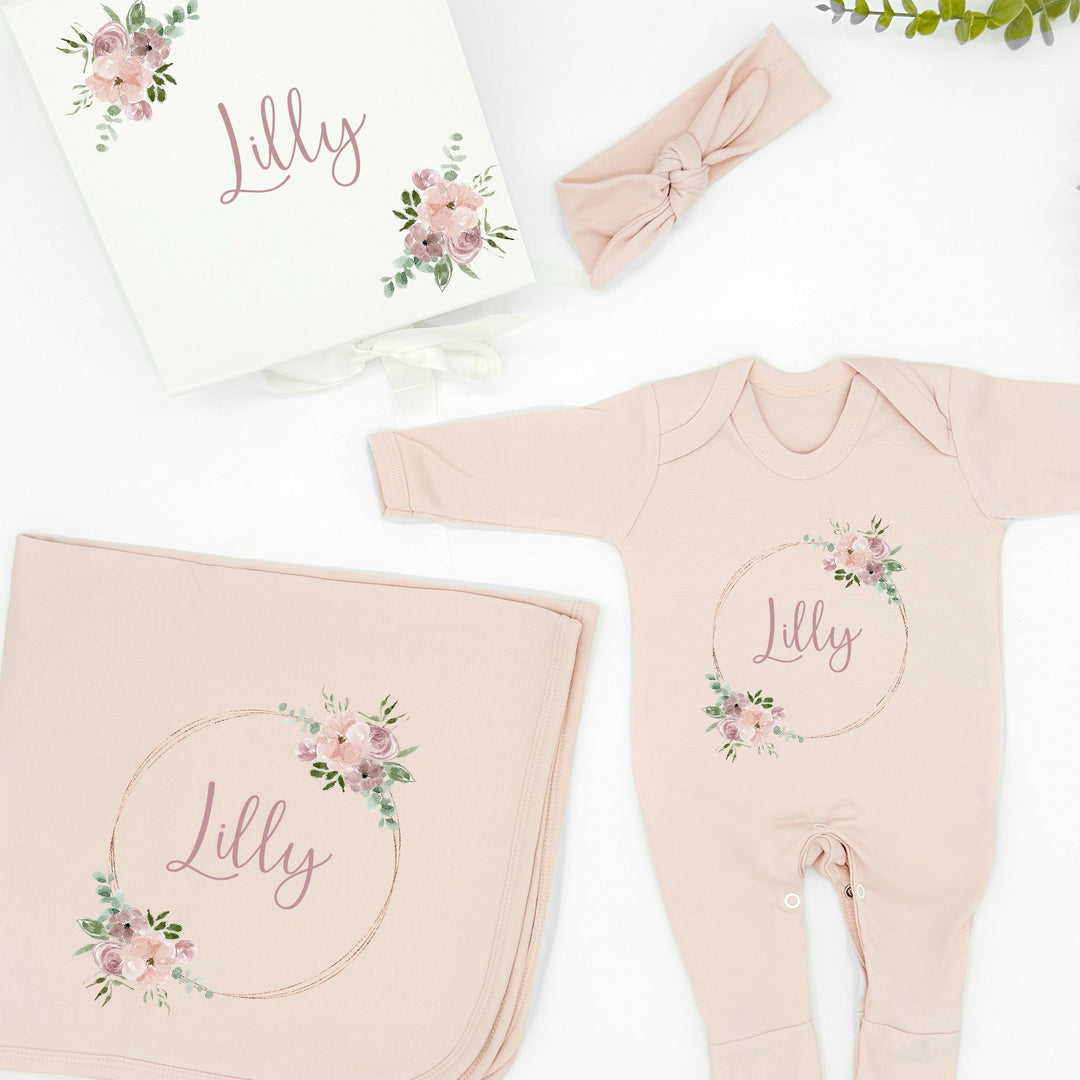 Personalised Dusky Gold Ring Pink Hamper Clothing Gift Set