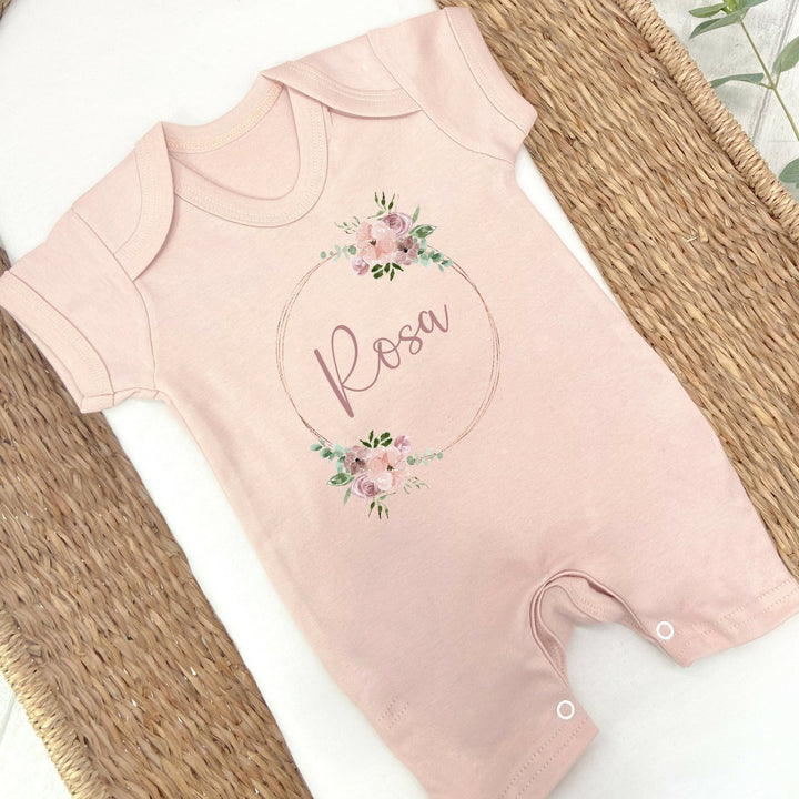 Personalised Dusky Gold Wreath Babygrow with optional Heaband & Blanket