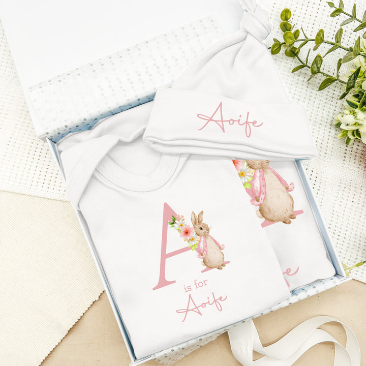 Personalised Dusky Pink Rabbit Hamper Clothing Gift Set