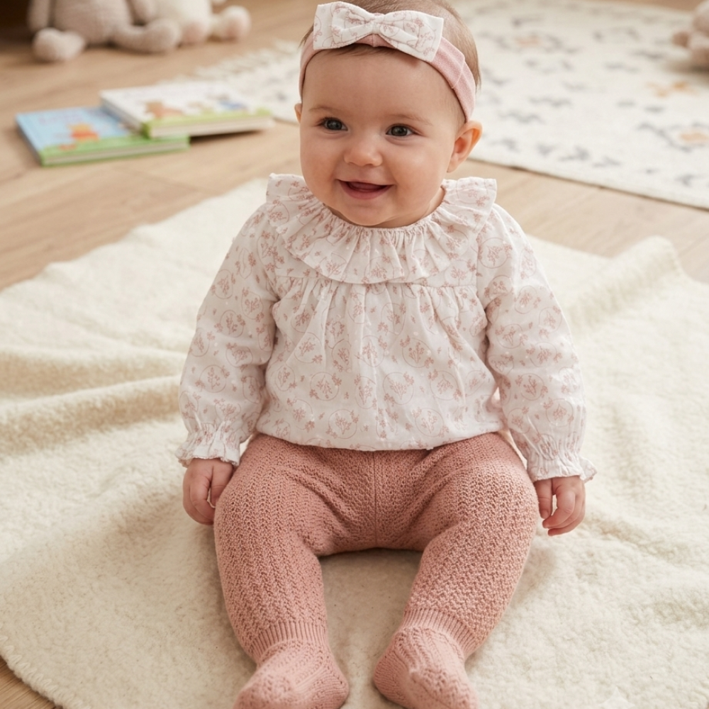 Baby Girls Knitted Blouse, Footed Trousers &amp; Headband