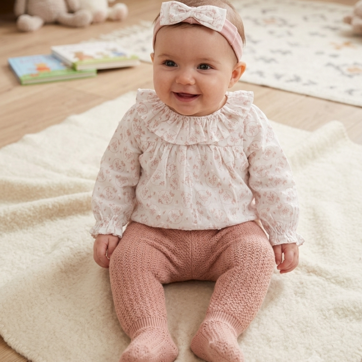 Baby Girls Knitted Blouse, Footed Trousers &amp; Headband