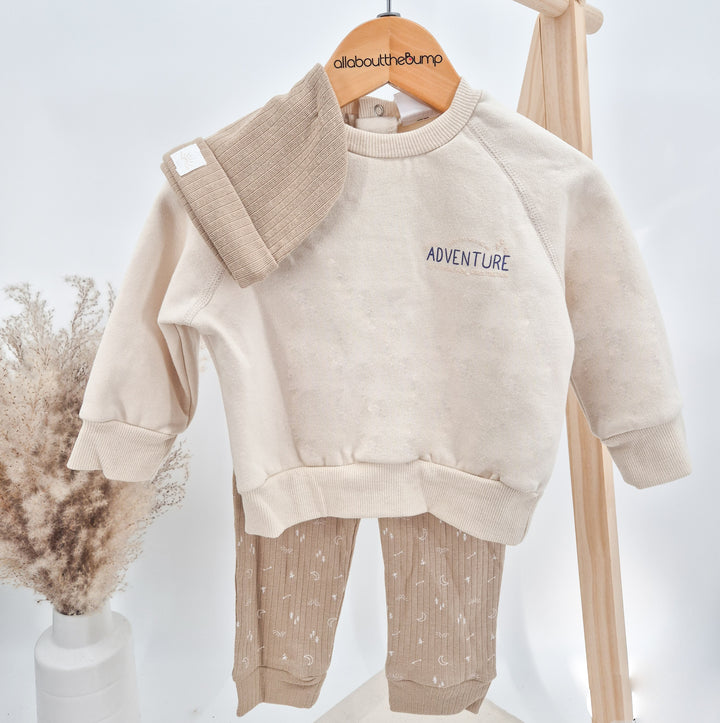 Boys Beige Sweatshirt, Ribbed Bottoms & Hat Outfit