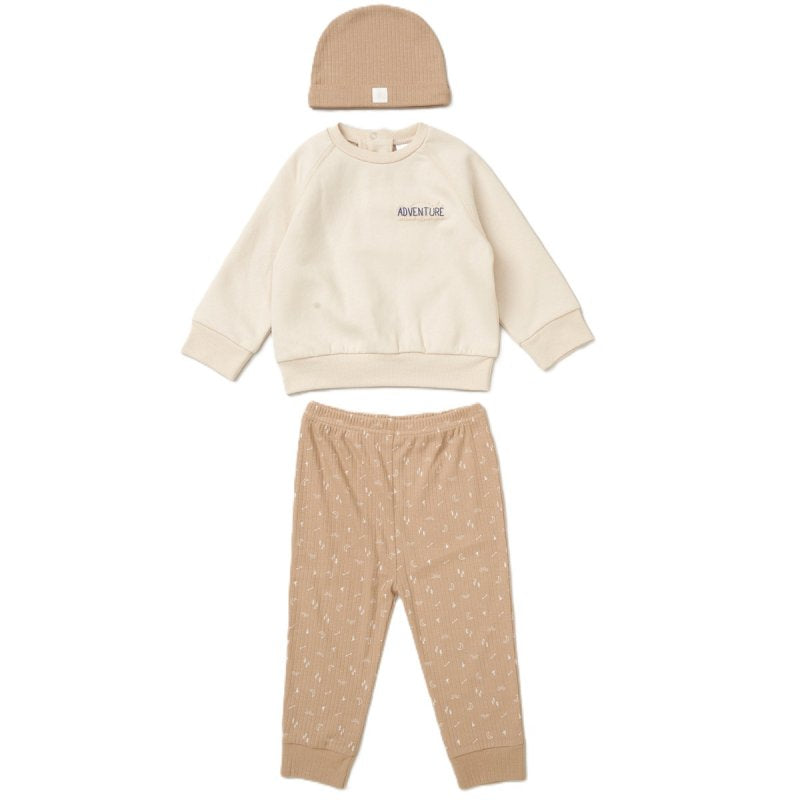 Boys Beige Sweatshirt, Ribbed Bottoms & Hat Outfit