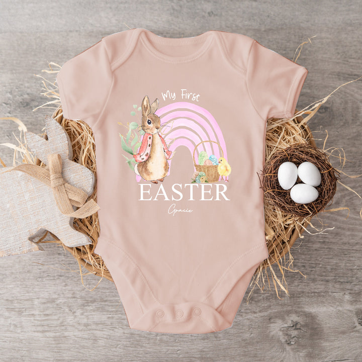 Personalised Pink Easter Bunny Rainbow Baby Vest