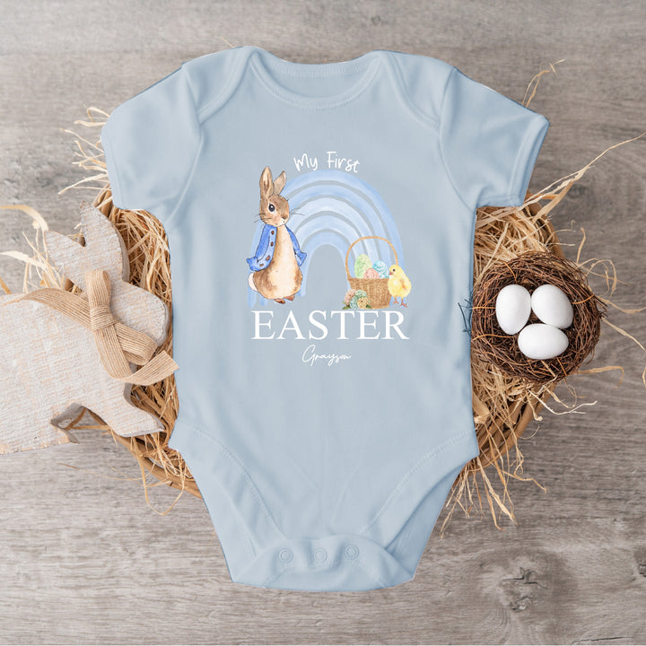 Personalised Blue easter Bunny Rainbow Baby Vest