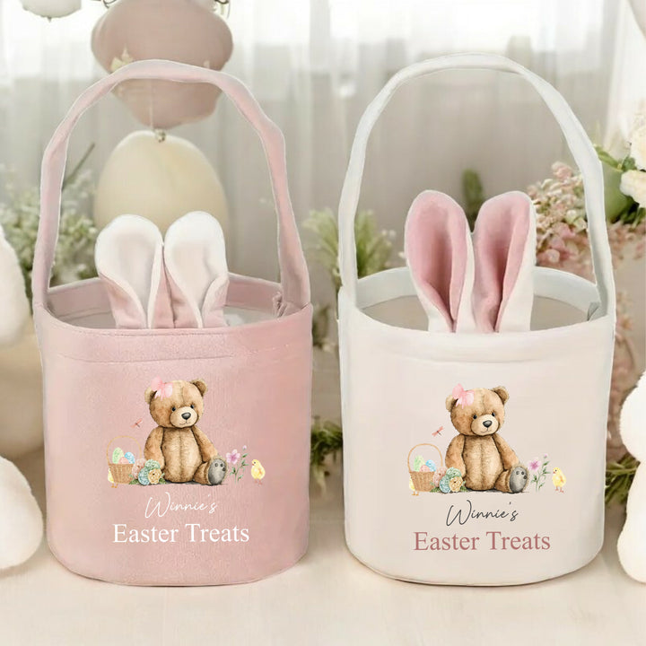 Personalised Pink Teddy Easter Treat Bunny Basket