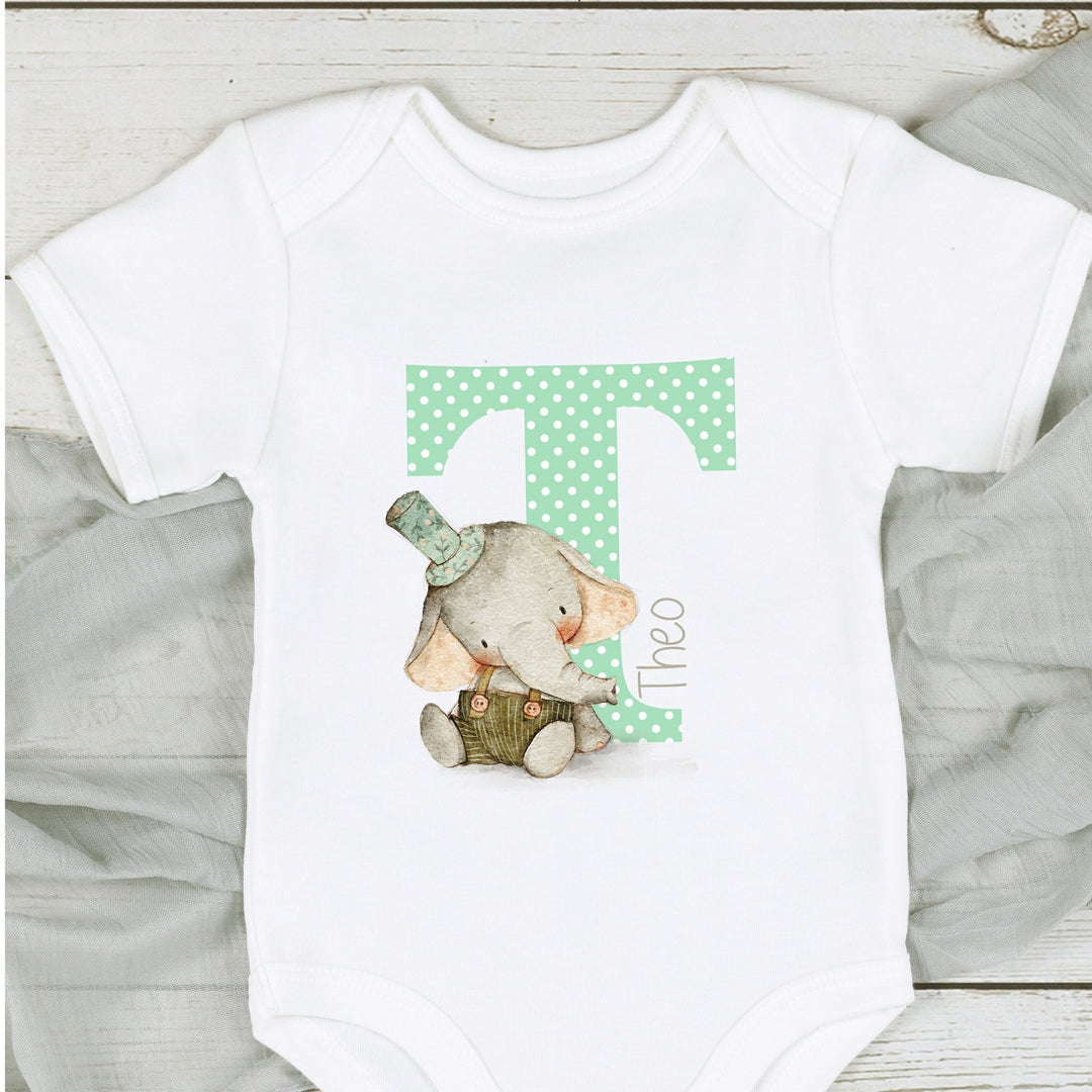 Little Elephant with Green Initial and Name Babygrow/Vest