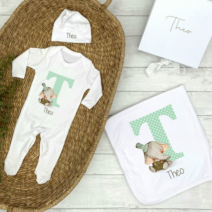 Personalised Unisex Spotty Green Initial Elephant Hamper Clothing Gift Set