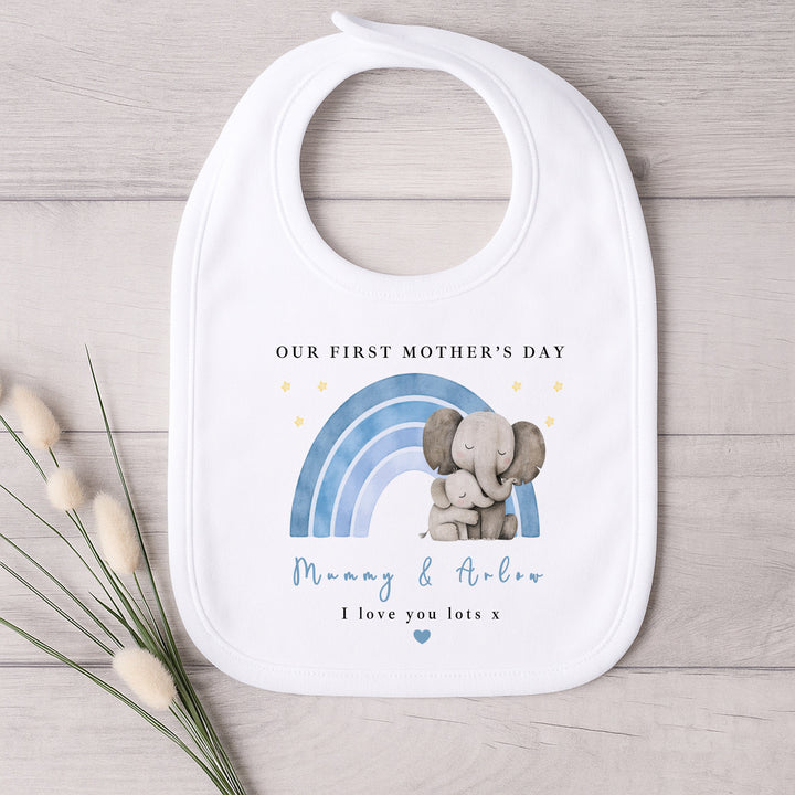 Personalised Blue Rainbow Elephant Our First Mother's Day Baby Grow, Vest or Bib
