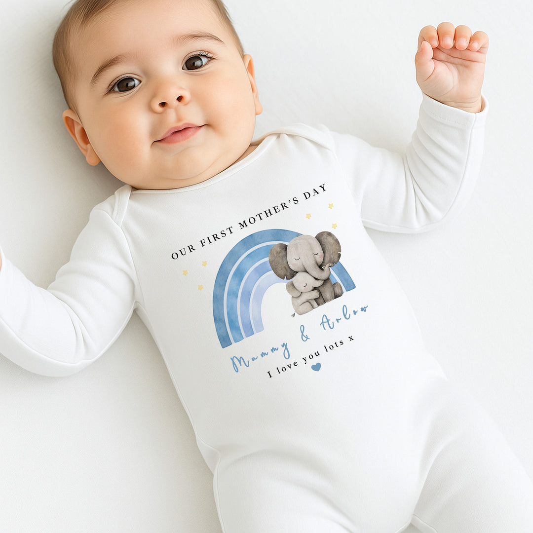 Personalised Blue Rainbow Elephant Our First Mother's Day Baby Grow, Vest or Bib