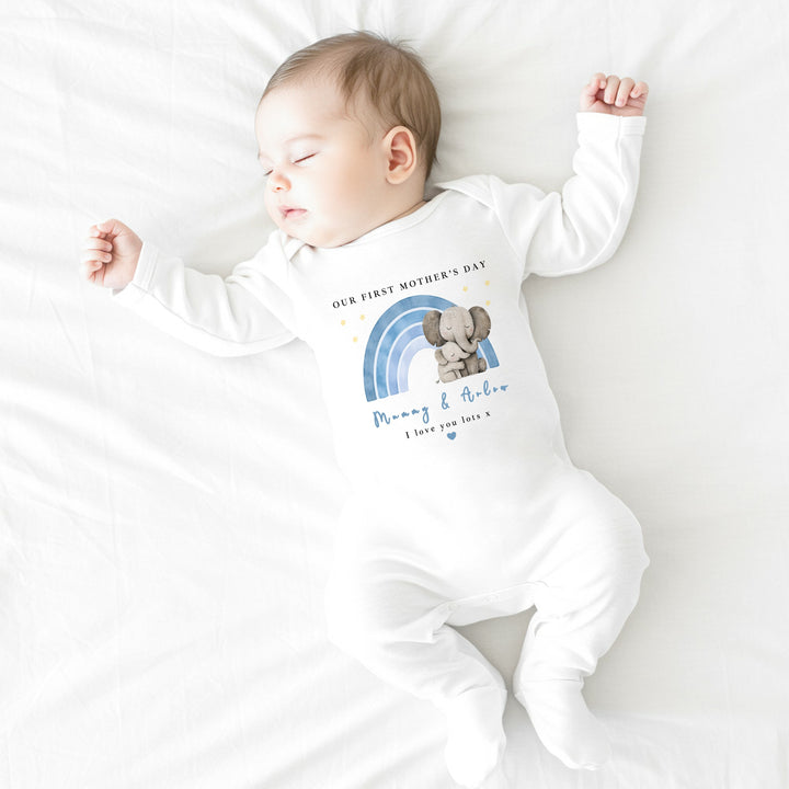 Personalised Blue Rainbow Elephant Our First Mother's Day Baby Grow, Vest or Bib