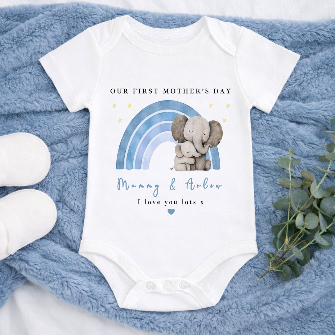 Personalised Blue Rainbow Elephant Our First Mother's Day Baby Grow, Vest or Bib